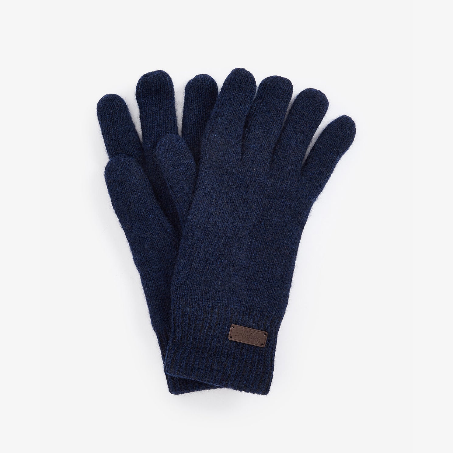 Barbour CARLTON BEANIE & GLOVES Gift Set Mens Navy gloves displayed flat, showcasing knitted ribbed design and navy color.