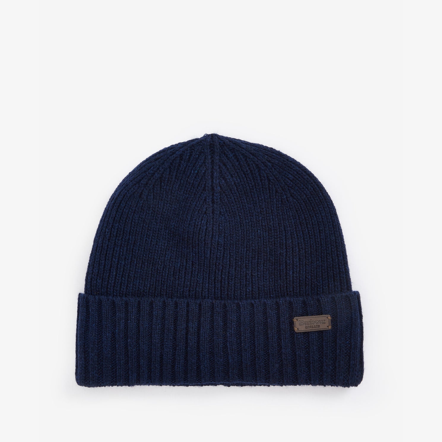 Barbour CARLTON BEANIE & GLOVES Gift Set Mens Navy front view of beanie hat, knitted ribbed design in navy color.