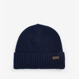 Barbour CARLTON BEANIE & GLOVES Gift Set Mens Navy front view of beanie hat, knitted ribbed design in navy color.