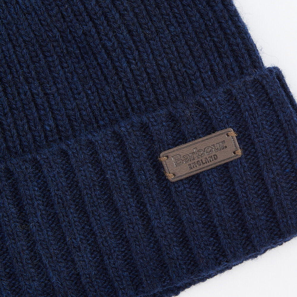 Barbour CARLTON BEANIE & GLOVES Gift Set Mens Navy detail view of beanie showing ribbed design and logo