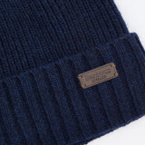 Barbour CARLTON BEANIE & GLOVES Gift Set Mens Navy detail view of beanie showing ribbed design and logo