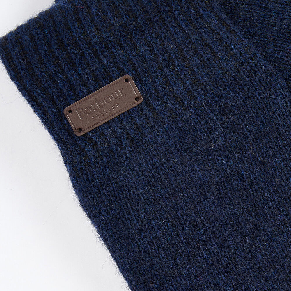 Barbour CARLTON BEANIE & GLOVES Gift Set Mens Navy detail view of beanie showing brand label