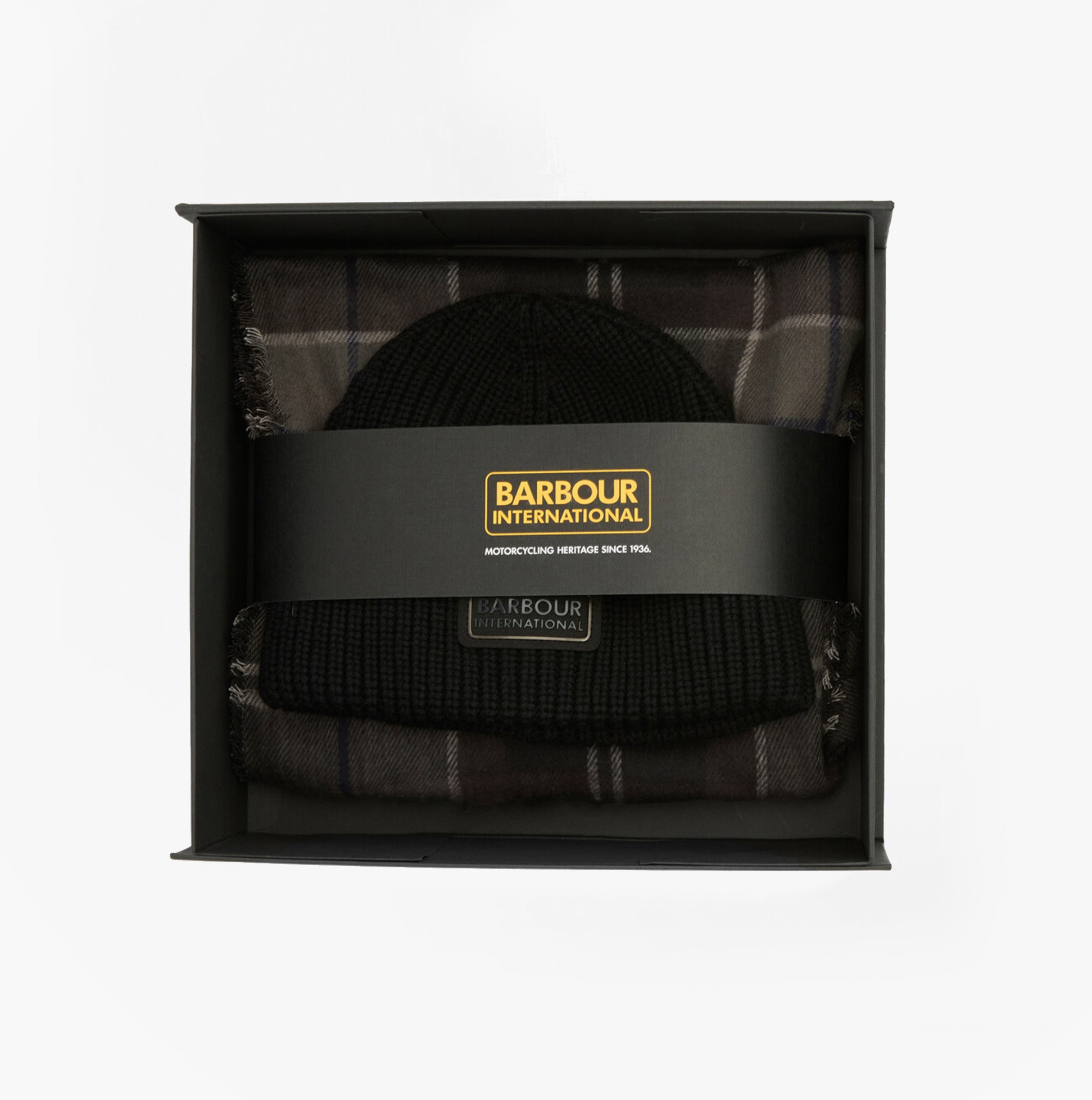 Barbour SWEEPER BEANIE AND SCARF Mens Gift Set Black top view in gift box showcasing black beanie and scarf.