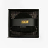 Barbour SWEEPER BEANIE AND SCARF Mens Gift Set Black top view in gift box showcasing black beanie and scarf.
