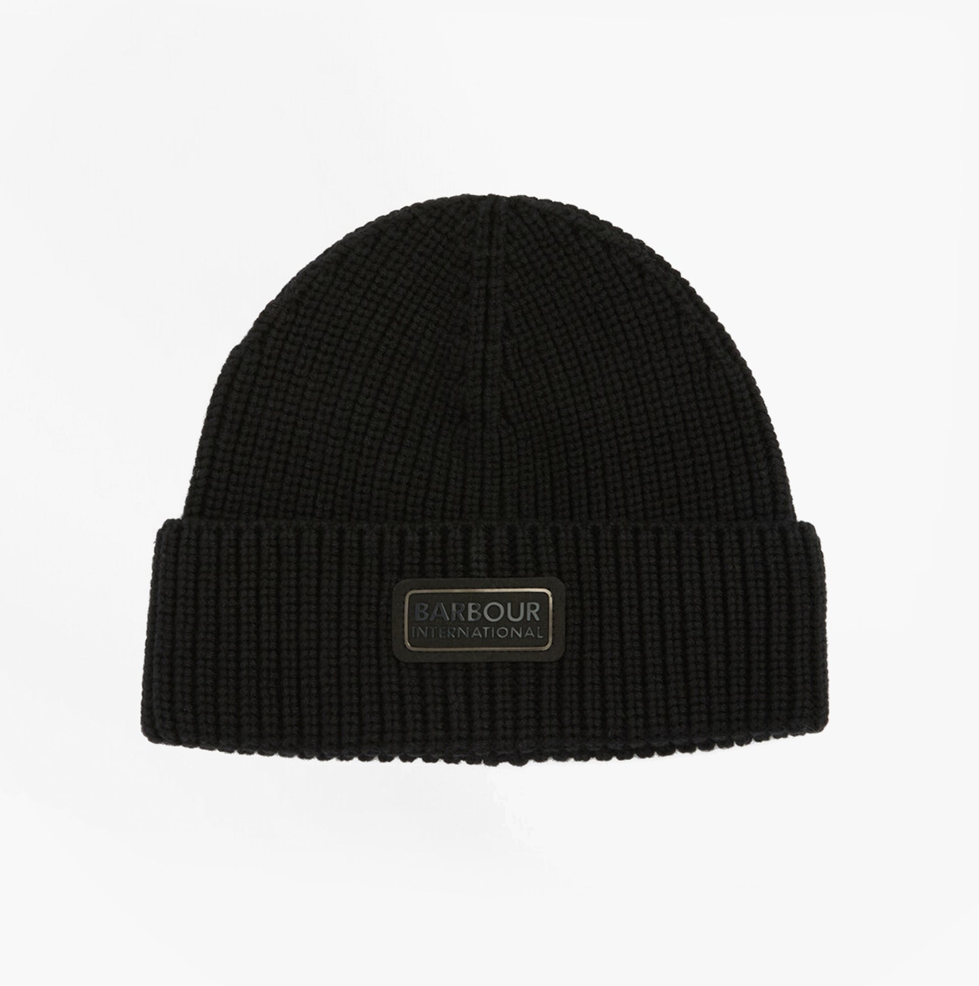Barbour SWEEPER BEANIE AND SCARF Mens Gift Set Black top view of black beanie with label detail
