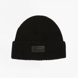 Barbour SWEEPER BEANIE AND SCARF Mens Gift Set Black top view of black beanie with label detail