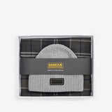 Barbour SWEEPER BEANIE & SCARF Gift Set Mens Grey front view, featuring a grey ribbed knit beanie and check patterned scarf.