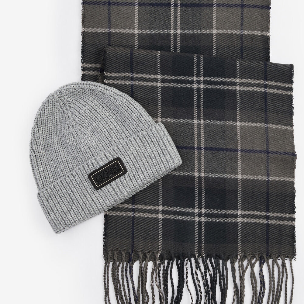Barbour SWEEPER BEANIE & SCARF Gift Set Mens Grey displayed in flat lay view, featuring a ribbed knit beanie and check patterned scarf.