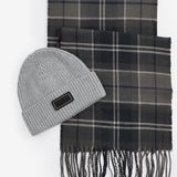 Barbour SWEEPER BEANIE & SCARF Gift Set Mens Grey displayed in flat lay view, featuring a ribbed knit beanie and check patterned scarf.