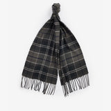 Barbour SWEEPER BEANIE & SCARF Gift Set Mens Grey detail view of black and grey check patterned scarf with fringed tassels.