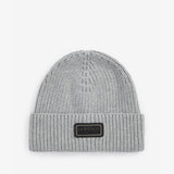 Barbour SWEEPER BEANIE & SCARF Gift Set Mens Grey ribbed knit beanie front view with logo patch.