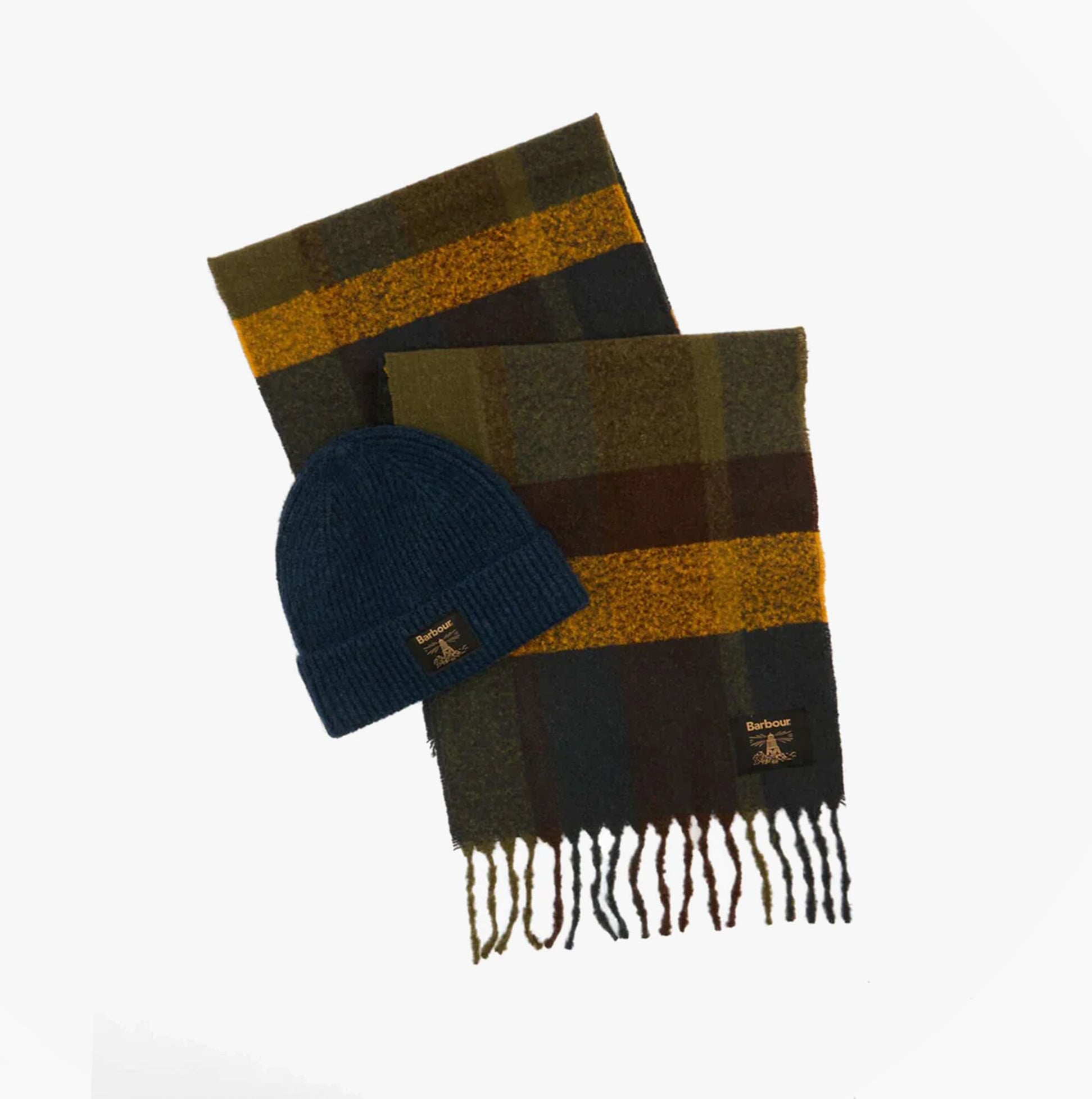 Barbour WESTERDALE BEANIE & SCARF Mens Gift Set Classic, top view of beanie and scarf in dark colors.