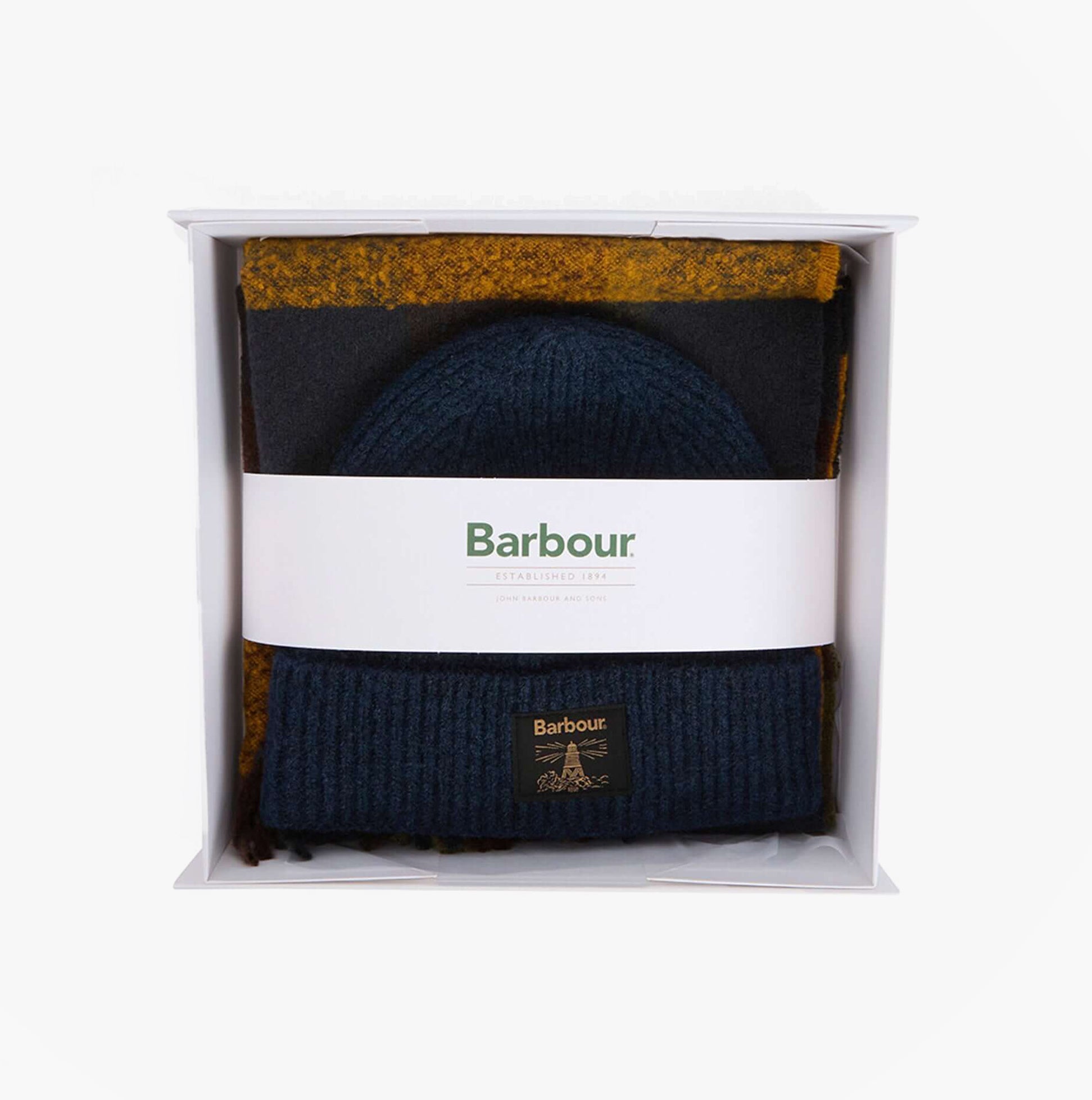 Barbour WESTERDALE BEANIE & SCARF Mens Gift Set Classic, top view in gift box with navy beanie and mustard scarf.