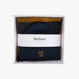 Barbour WESTERDALE BEANIE & SCARF Mens Gift Set Classic, top view in gift box with navy beanie and mustard scarf.
