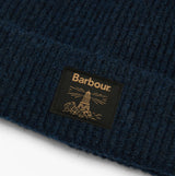 Barbour WESTERDALE BEANIE & SCARF Mens Gift Set Classic detail view of beanie tag in navy color.
