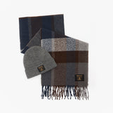Barbour WESTERDALE BEANIE & SCARF Mens Gift Set Midnight Oak flat lay view showing beanie and scarf.