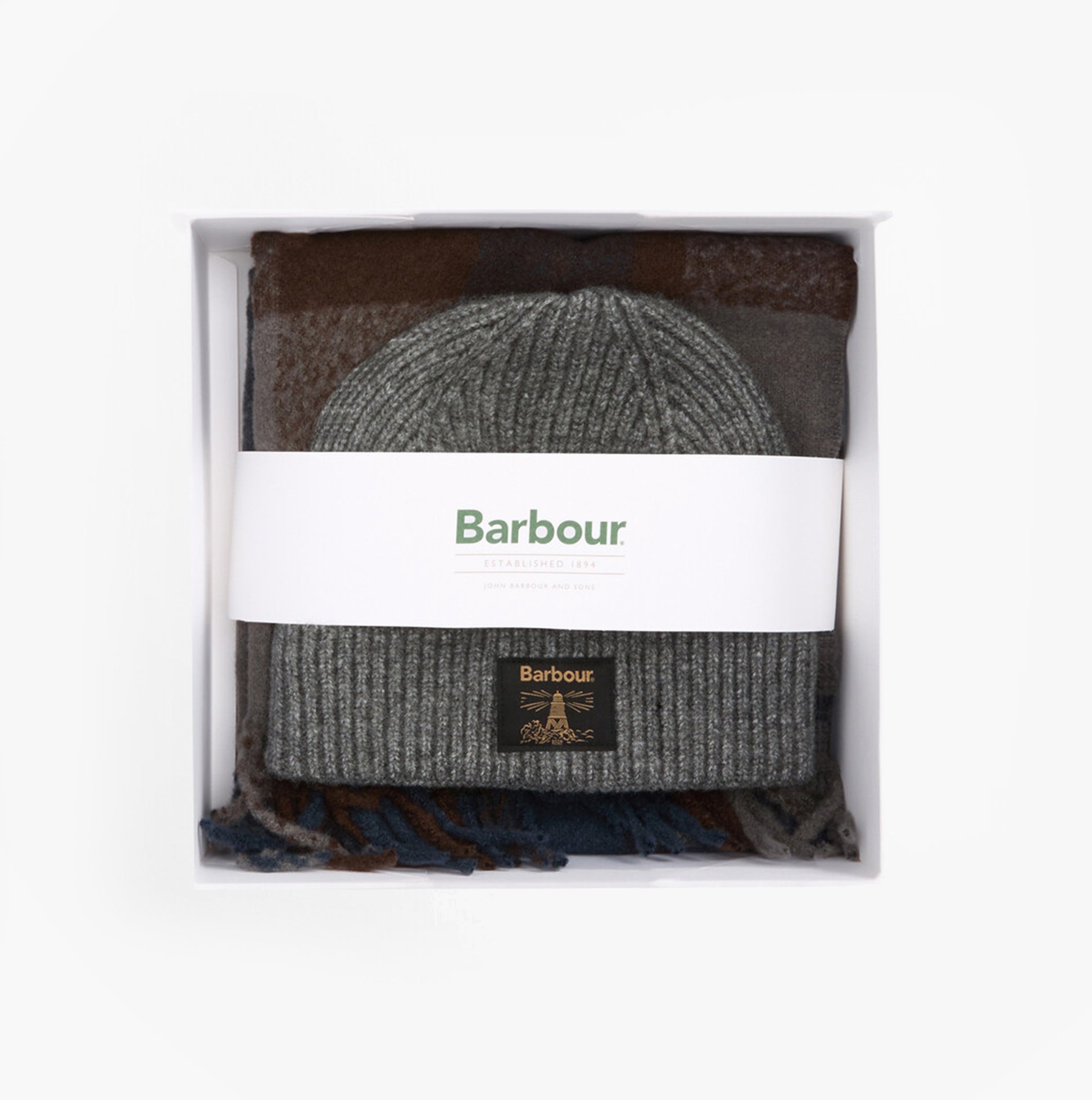 Barbour WESTERDALE BEANIE & SCARF Mens Gift Set Midnight Oak view in gift box with grey beanie and patterned scarf.