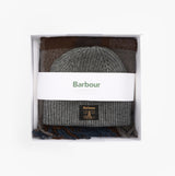 Barbour WESTERDALE BEANIE & SCARF Mens Gift Set Midnight Oak view in gift box with grey beanie and patterned scarf.