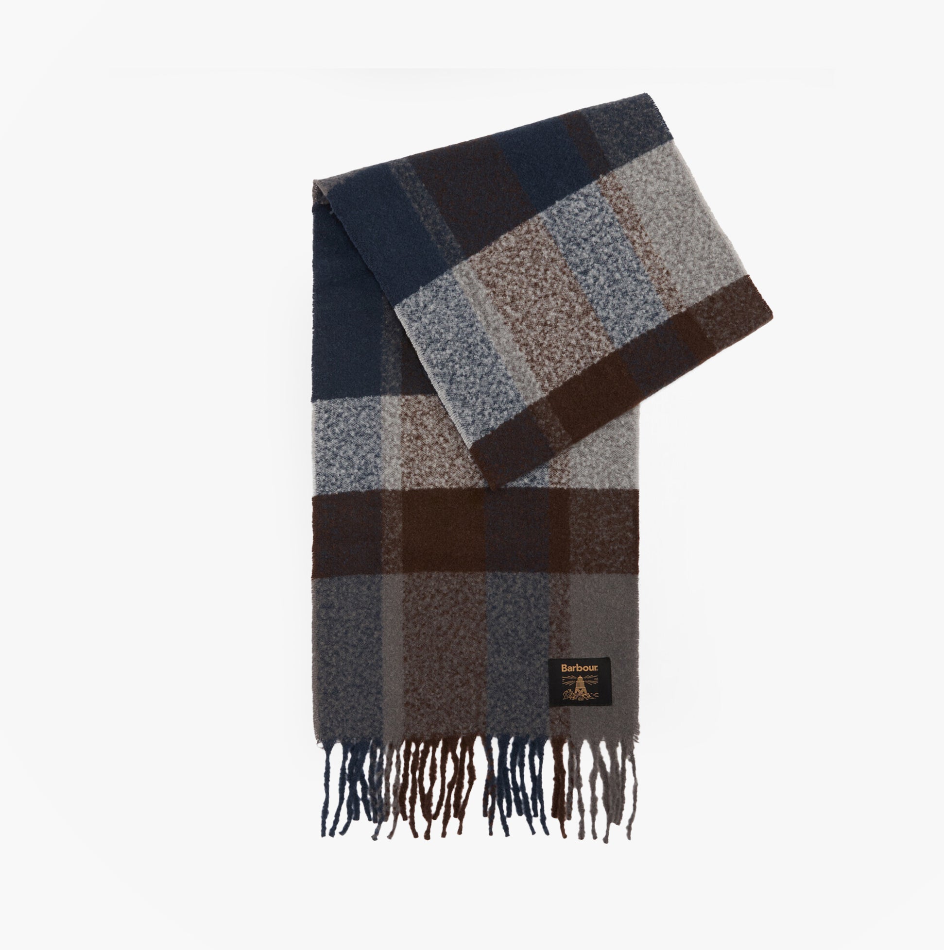 Barbour WESTERDALE BEANIE & SCARF Mens Gift Set Midnight Oak detail view of scarf with plaid design.