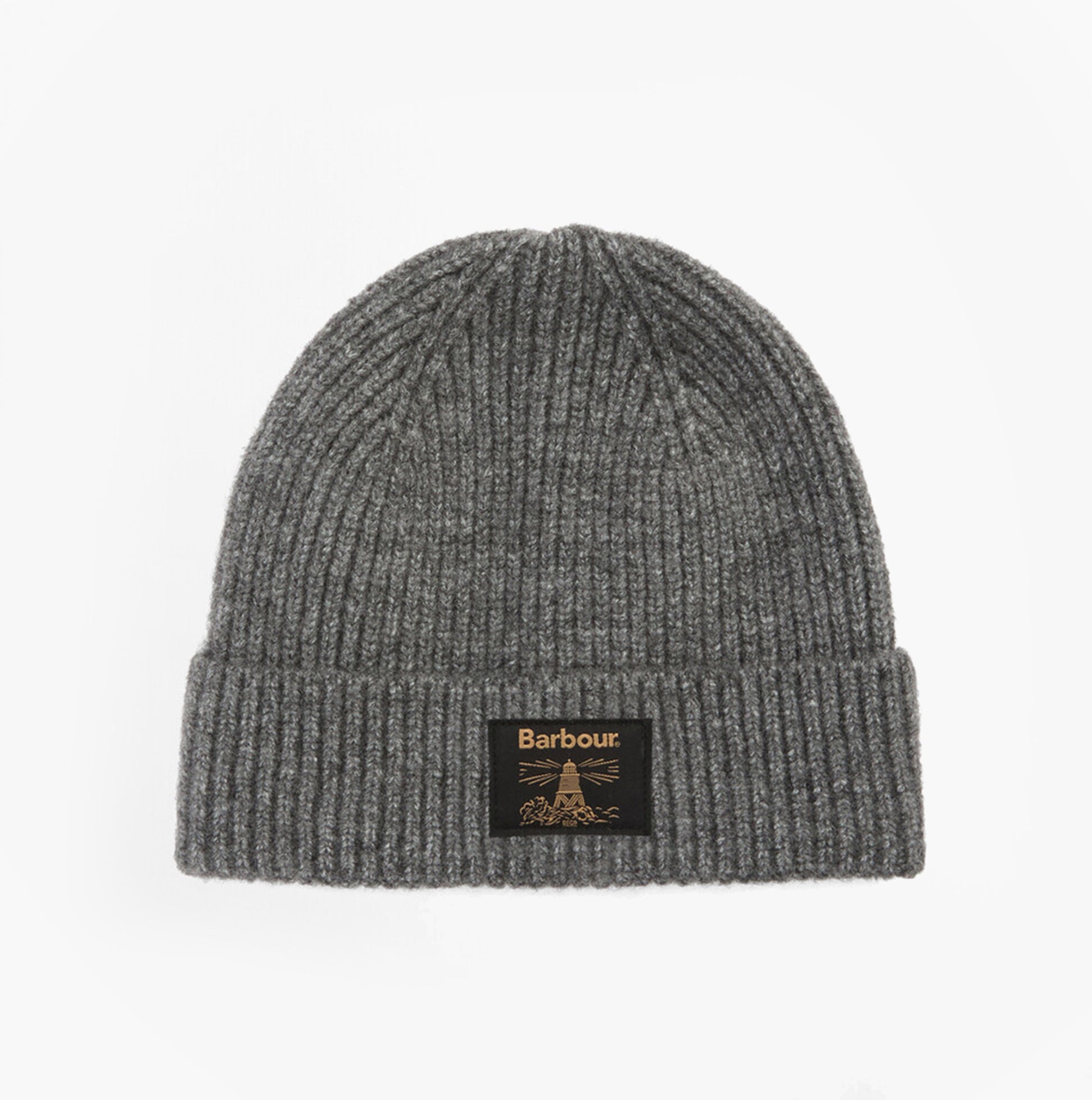 Barbour WESTERDALE BEANIE & SCARF Mens Gift Set Midnight Oak front view showing ribbed grey beanie with logo.