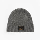 Barbour WESTERDALE BEANIE & SCARF Mens Gift Set Midnight Oak front view showing ribbed grey beanie with logo.