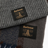Barbour WESTERDALE BEANIE & SCARF Mens Gift Set Midnight Oak close-up view of labels on beanie and scarf.