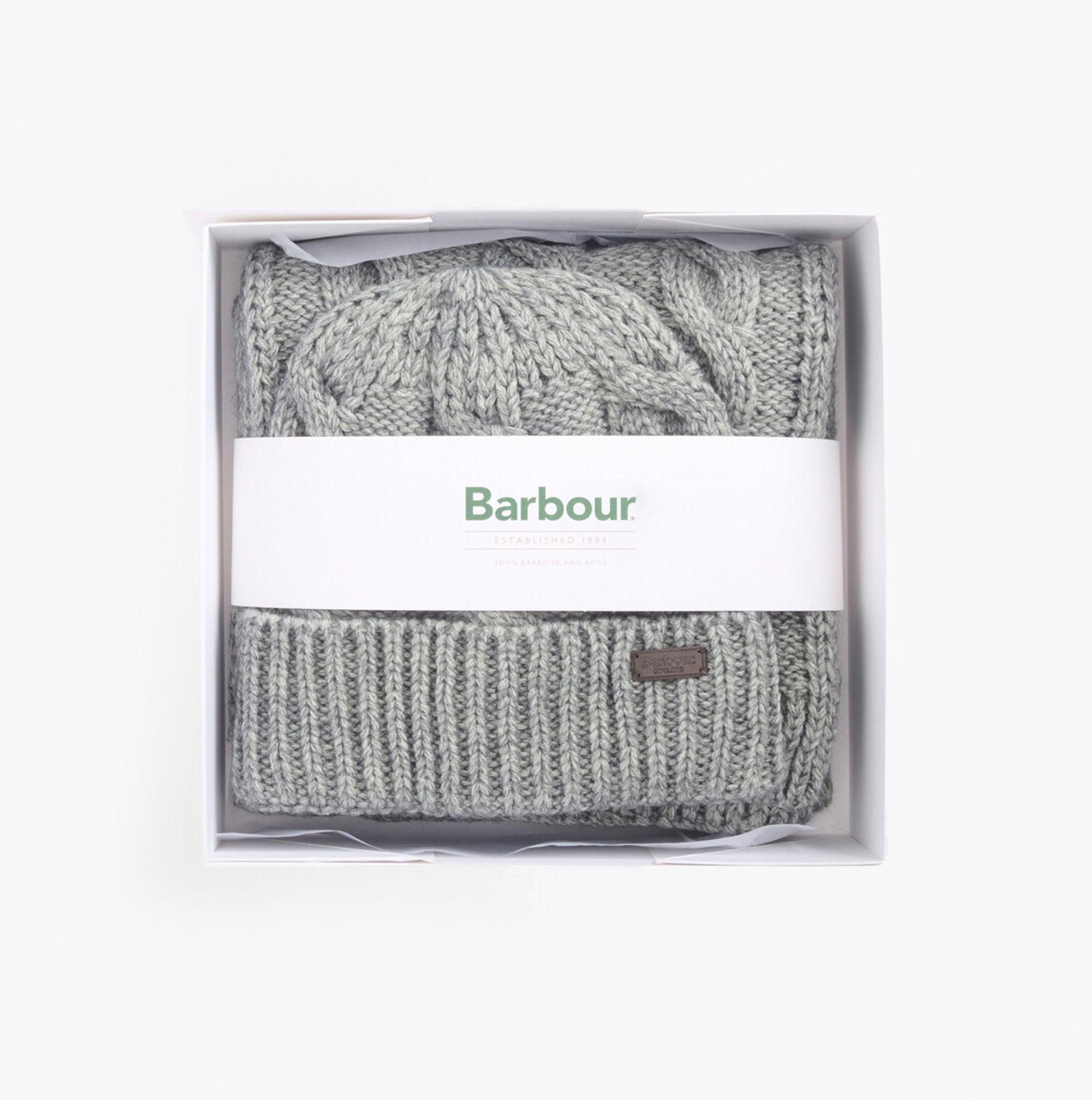 Barbour JESMOND BEANIE AND SCARF Gift Set Mens Mid Grey top view in gift box showcasing beanie and scarf.
