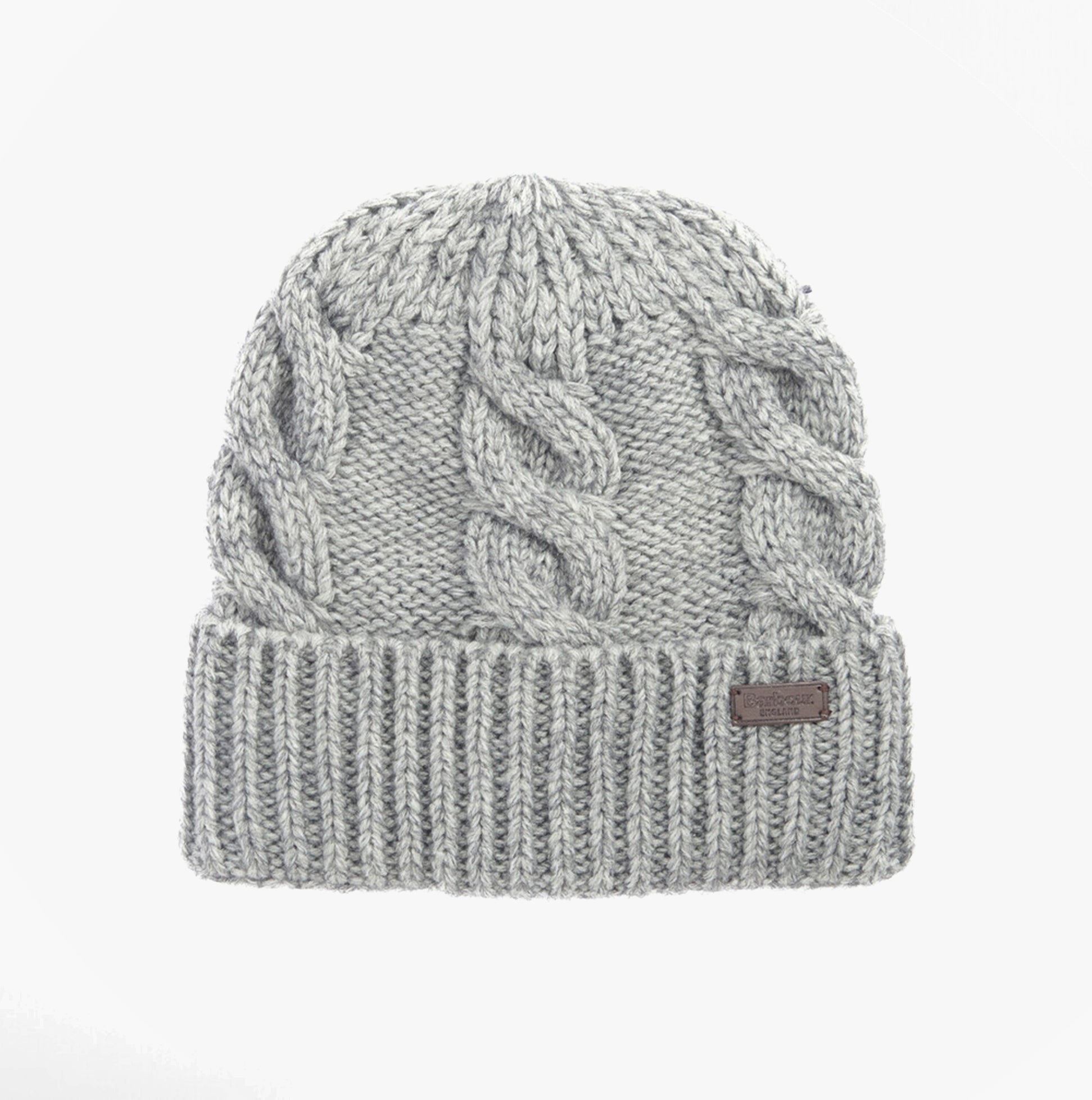 Barbour JESMOND BEANIE AND SCARF Gift Set Mens Mid Grey front view beanie with cable knit design.