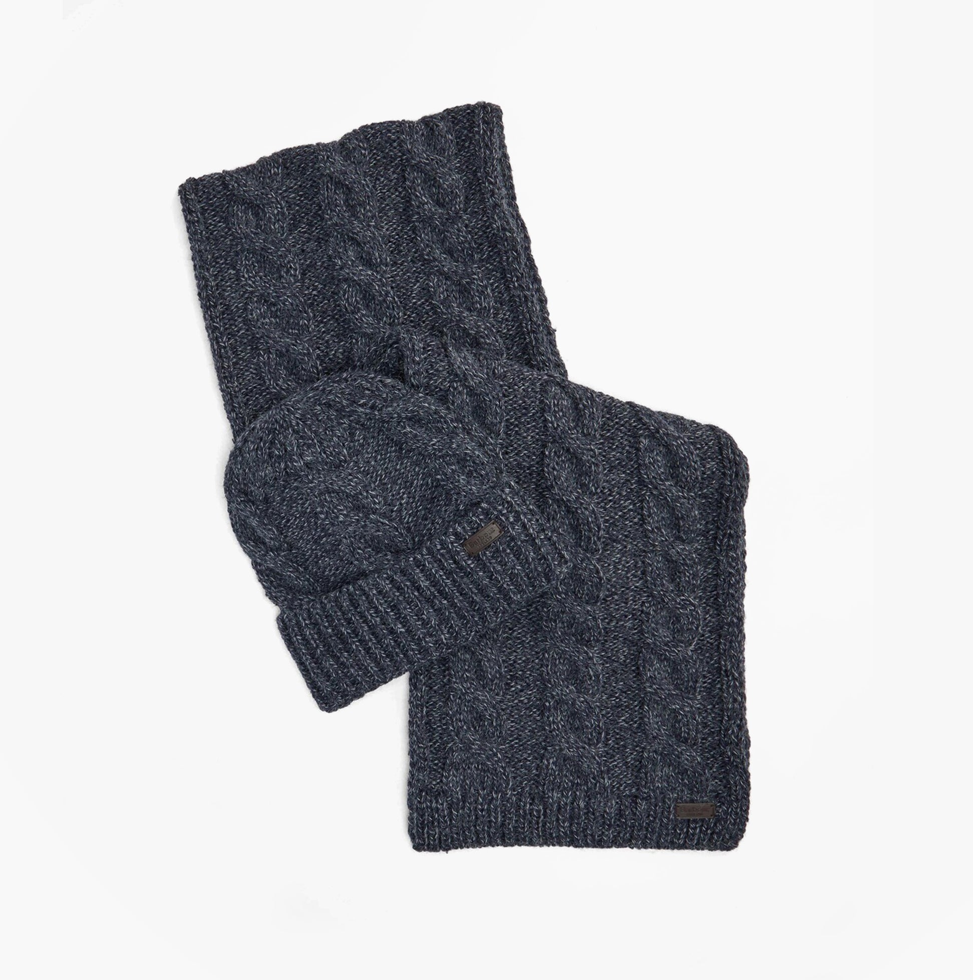 Barbour JESMOND BEANIE AND SCARF Gift Set Mens Beanie Navy side view of beanie and scarf in navy color.