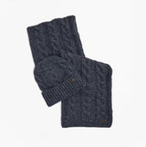 Barbour JESMOND BEANIE AND SCARF Gift Set Mens Beanie Navy side view of beanie and scarf in navy color.