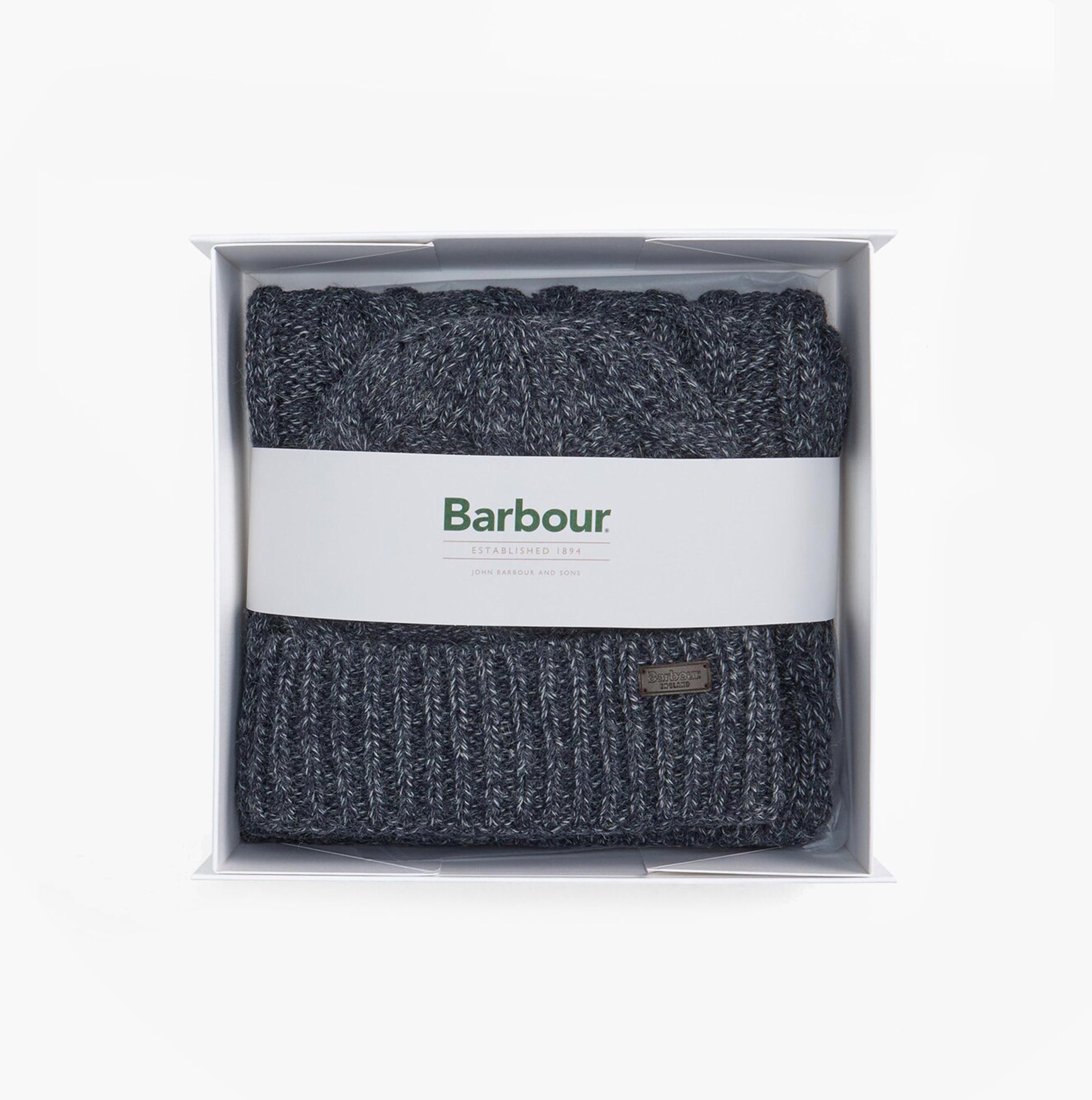 Barbour JESMOND BEANIE AND SCARF Gift Set Mens Beanie Navy displayed in gift box, showcasing a beanie and scarf.