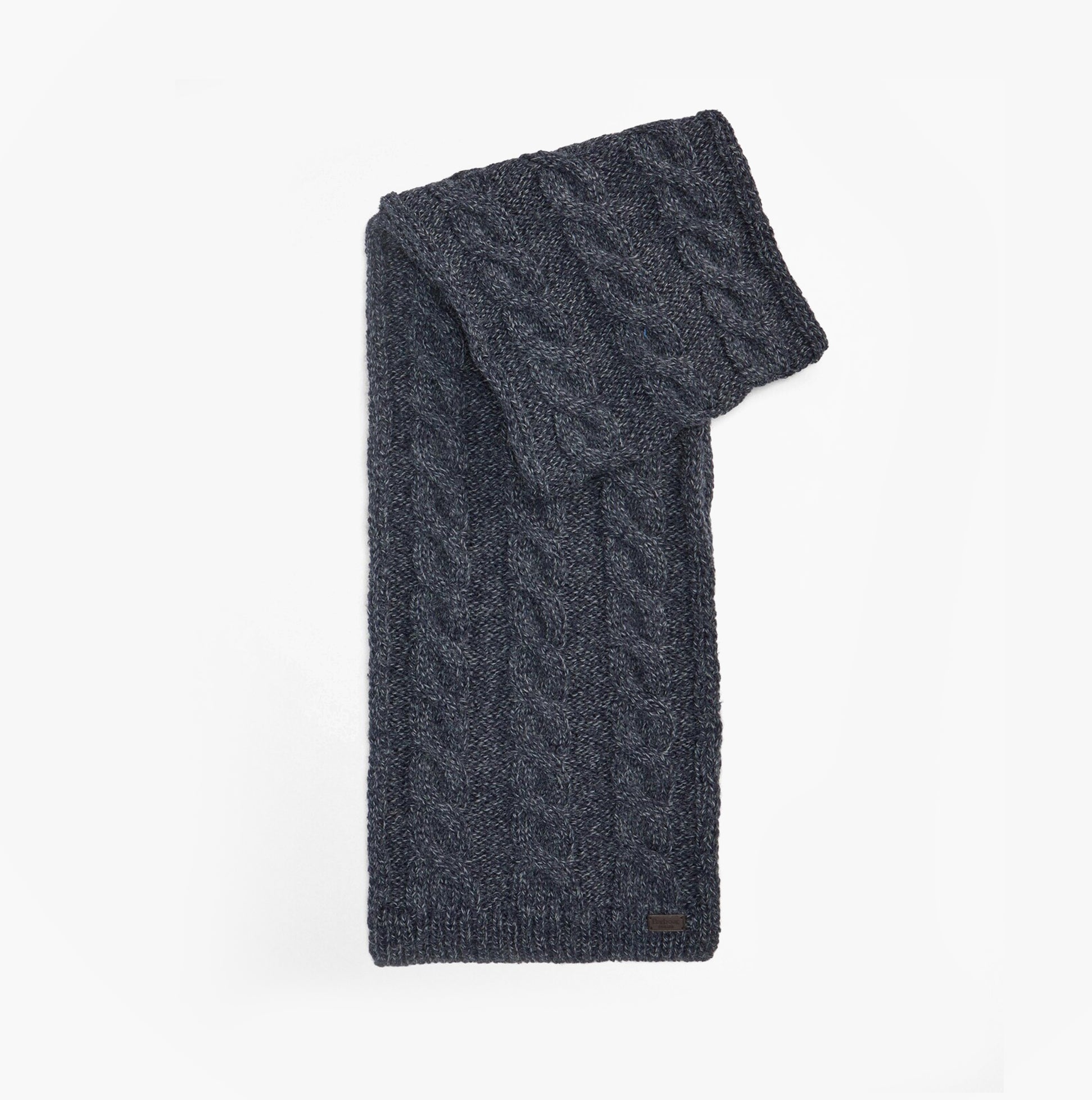 Barbour JESMOND BEANIE AND SCARF Gift Set Mens Beanie Navy detail view of dark navy scarf with cable knit pattern.