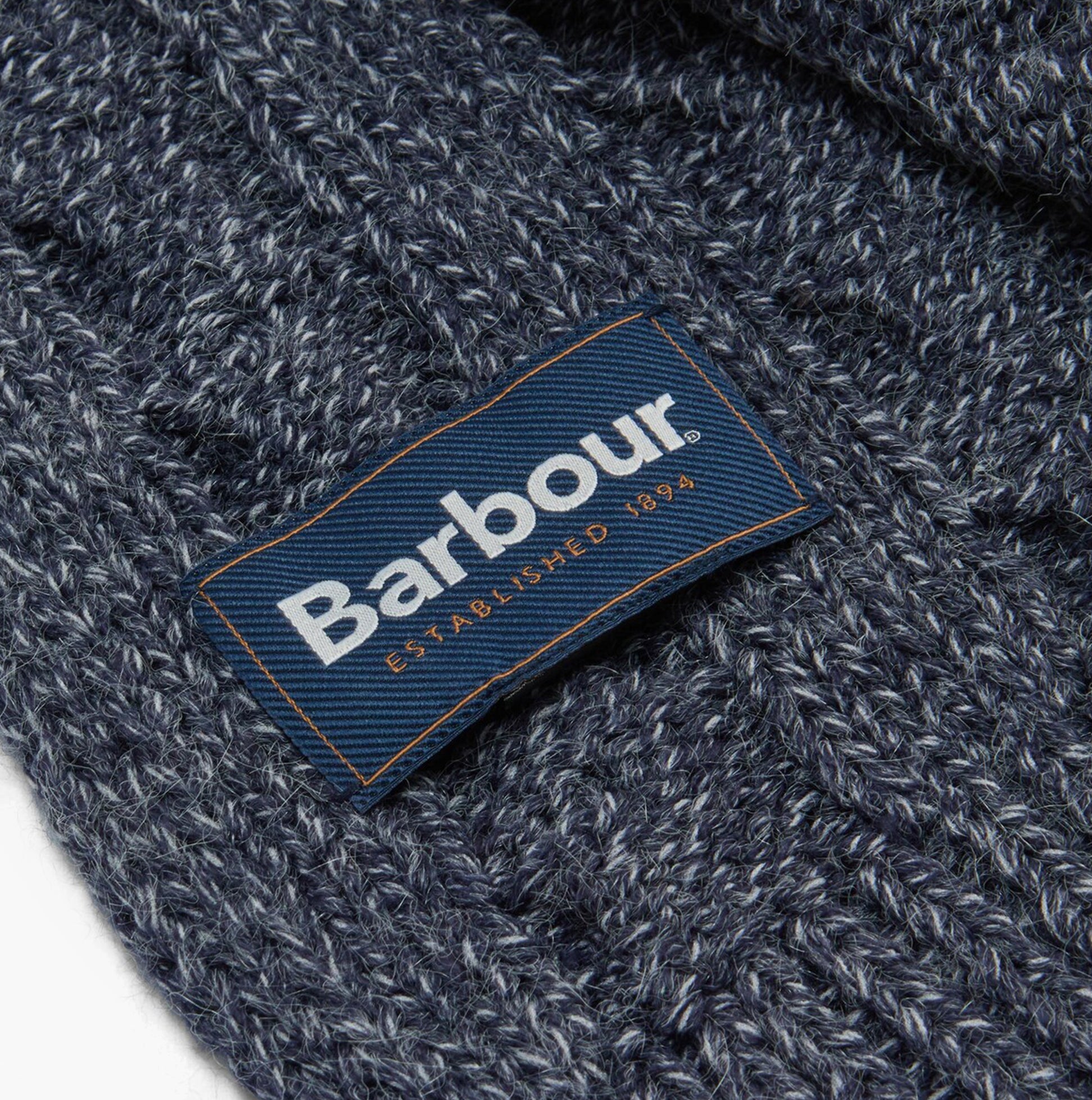 Barbour JESMOND BEANIE AND SCARF Gift Set Mens Beanie Navy detail view of branded tab.