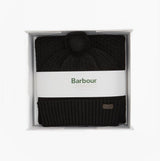 Barbour RAMSIDE BEANIE AND SCARF Mens Gift Set Black, top view in gift box, featuring beanie and scarf.