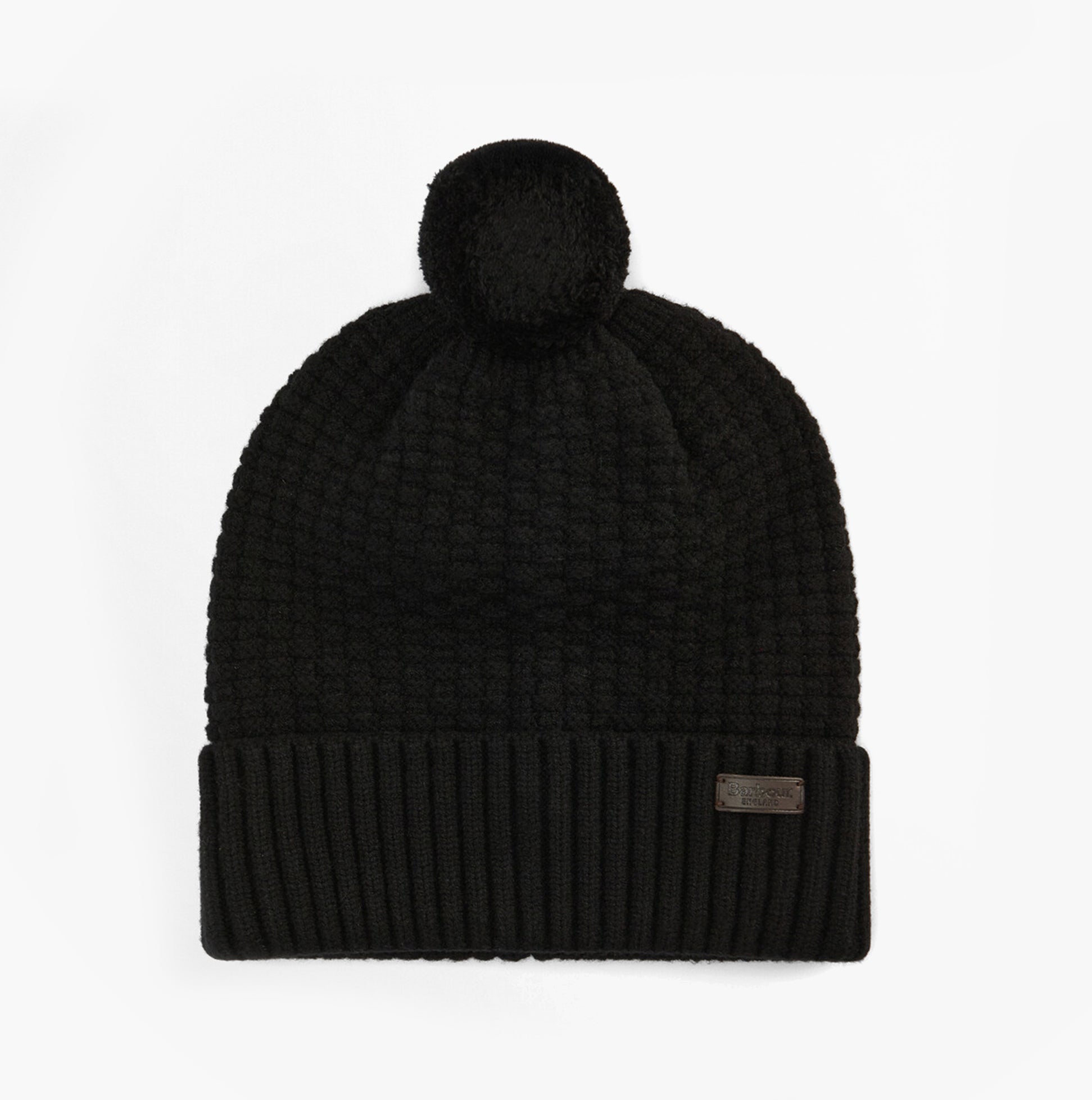 Barbour RAMSIDE BEANIE AND SCARF Mens Gift Set Black top view of black knitted beanie with pom-pom.