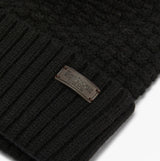 Barbour RAMSIDE BEANIE AND SCARF Mens Gift Set Black detail view of beanie with branded tag.