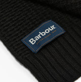 Barbour RAMSIDE BEANIE AND SCARF Mens Gift Set Black detail view of the logo on the beanie fabric.