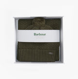 Barbour RAMSIDE BEANIE AND SCARF Mens Gift Set Dark Olive top view in gift box showcasing the beanie and scarf.