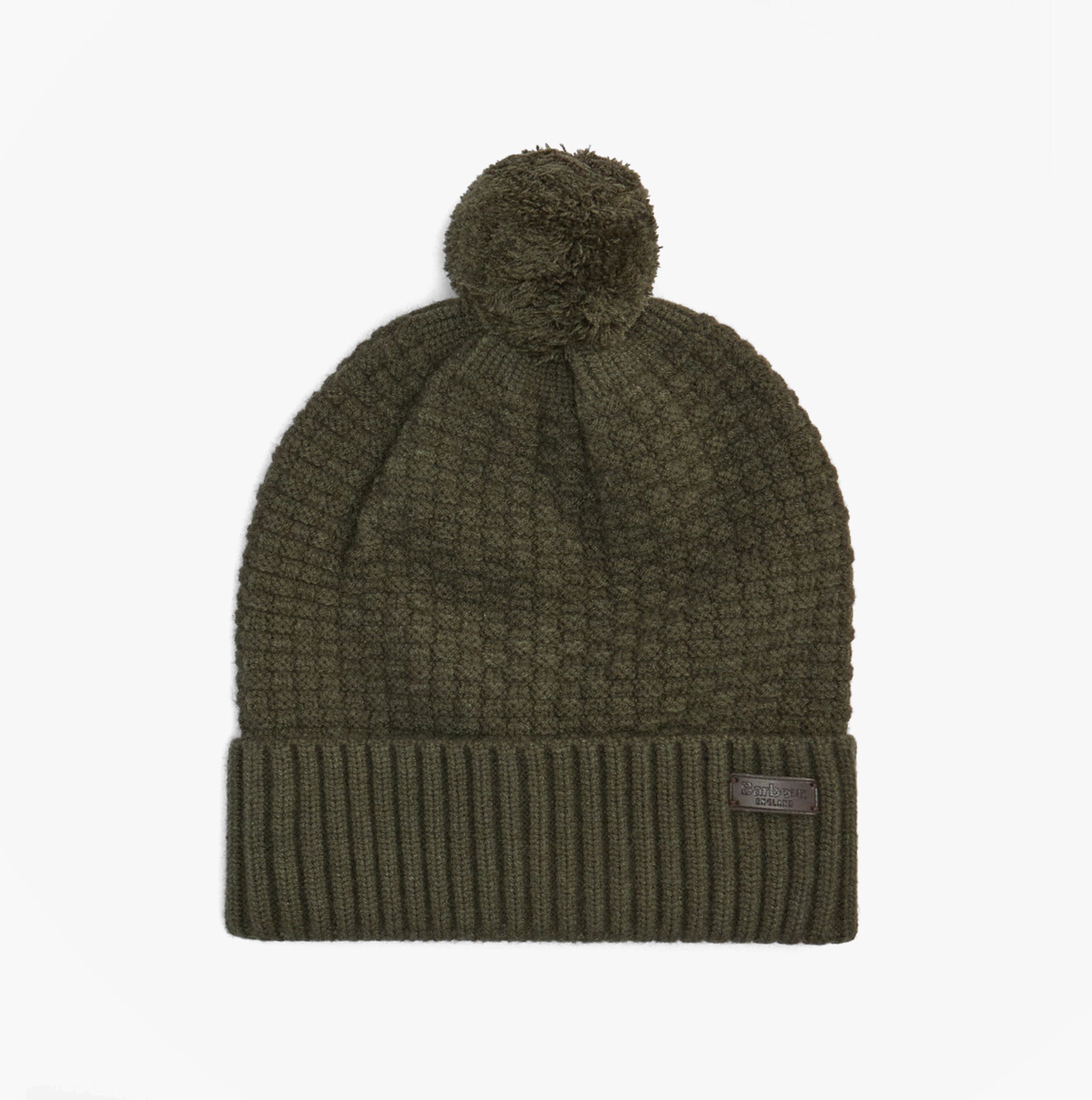 Barbour RAMSIDE BEANIE AND SCARF Mens Gift Set Dark Olive, front view of beanie with pom-pom detail.