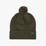 Barbour RAMSIDE BEANIE AND SCARF Mens Gift Set Dark Olive, front view of beanie with pom-pom detail.