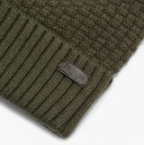 Barbour RAMSIDE BEANIE AND SCARF Mens Gift Set Dark Olive close-up detail view of beanie texture and label.