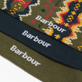 Barbour CASE FAIR ISLE SOCK Mens 3 Pack Gift Box Classic Tartan detail view showing sock patterns and logos.