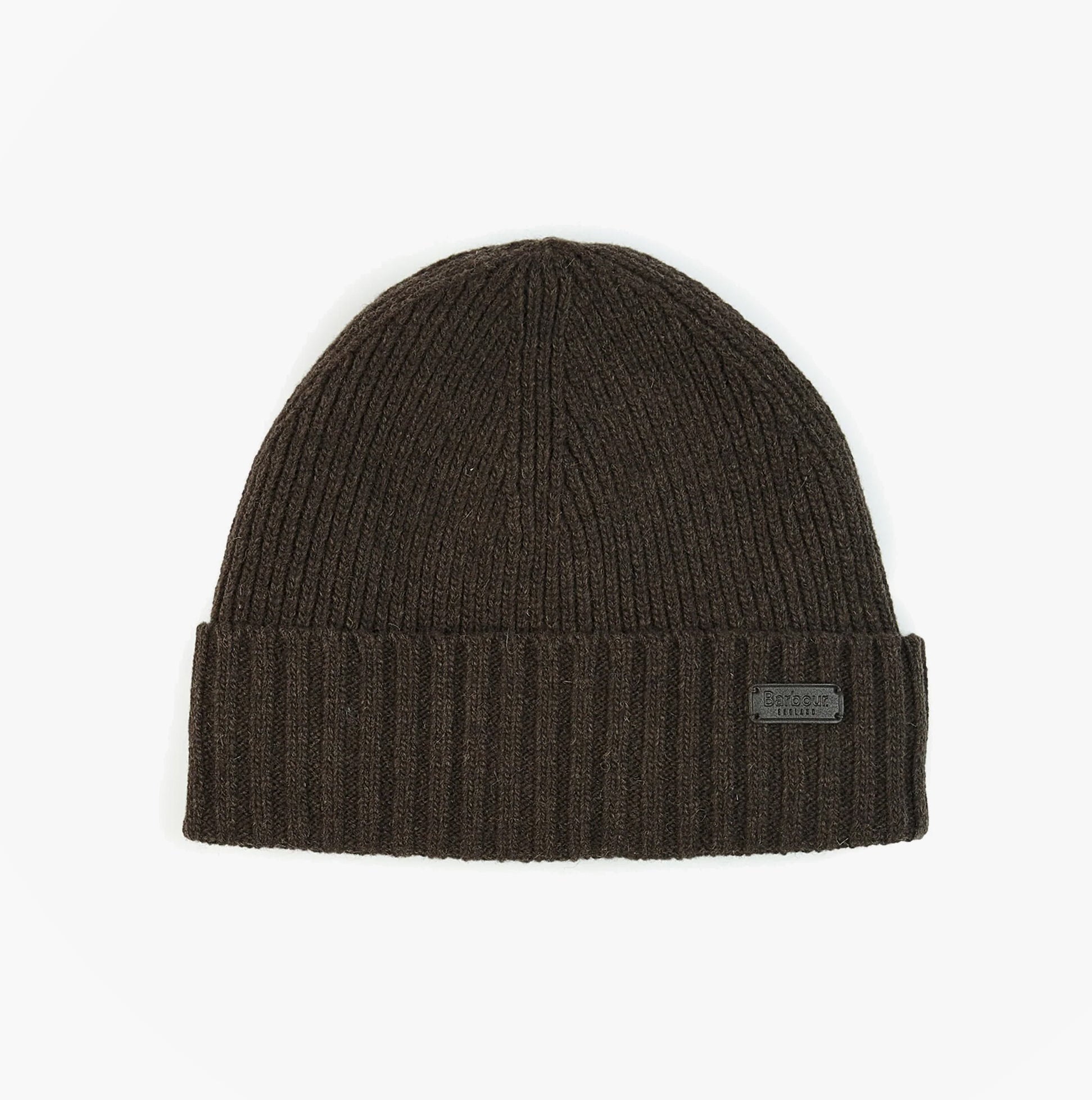 Barbour CARLTON Mens Beanie Mid Brown top view showcasing the ribbed design and brand logo.