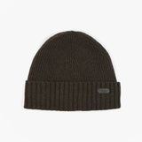 Barbour CARLTON Mens Beanie Mid Brown top view showcasing the ribbed design and brand logo.