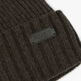 Barbour CARLTON Mens Beanie Mid Brown detail view showing logo patch on a ribbed wool knit