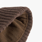 Barbour CARLTON Mens Beanie Mid Brown detail view showing ribbed exterior and soft lining.