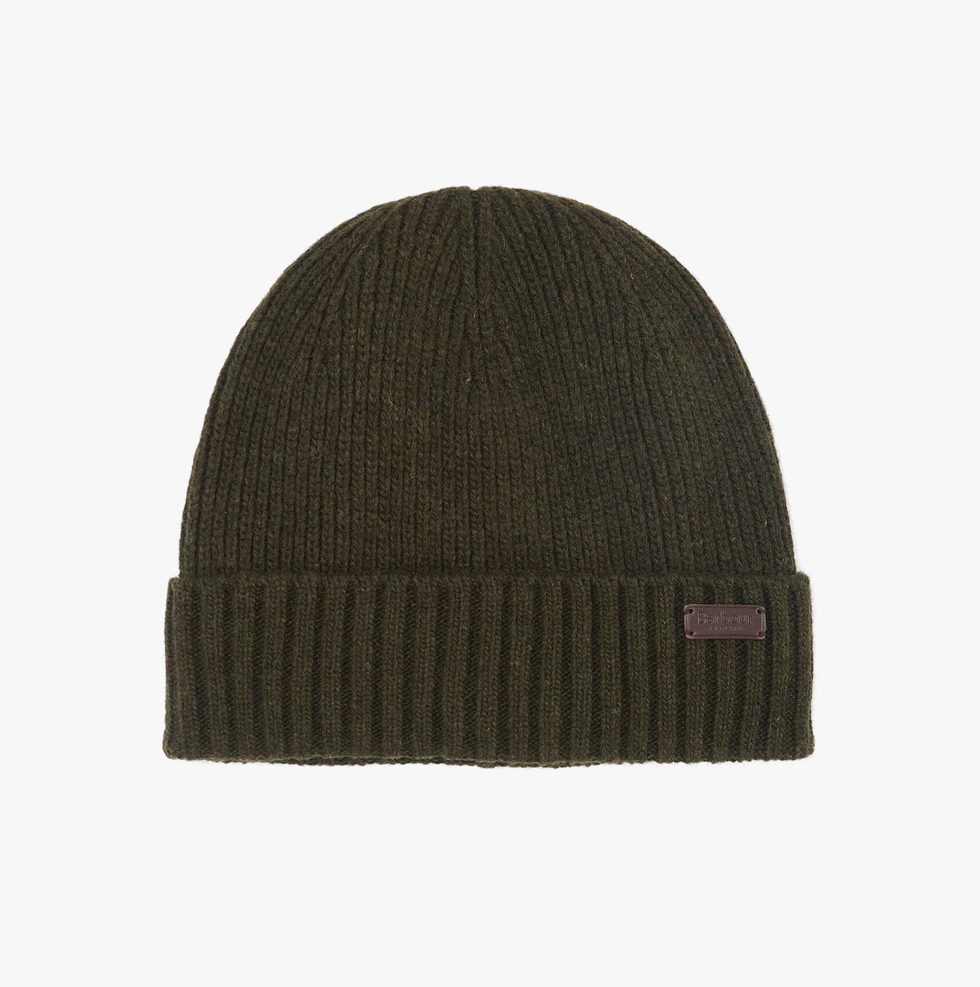 Barbour CARLTON Mens Beanie Dark Green top view of knitted beanie hat with ribbed cuff.