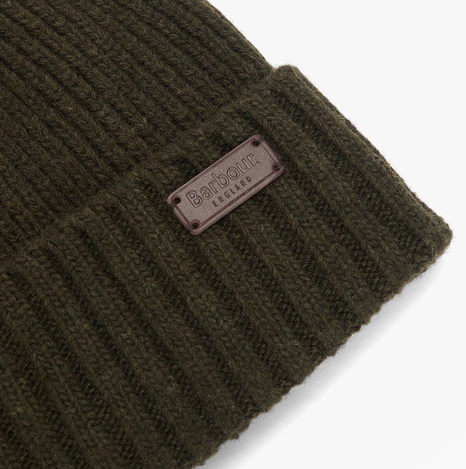 Barbour CARLTON Mens Beanie Dark Green detail view showcasing brand label and wool texture