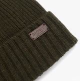 Barbour CARLTON Mens Beanie Dark Green detail view showcasing brand label and wool texture
