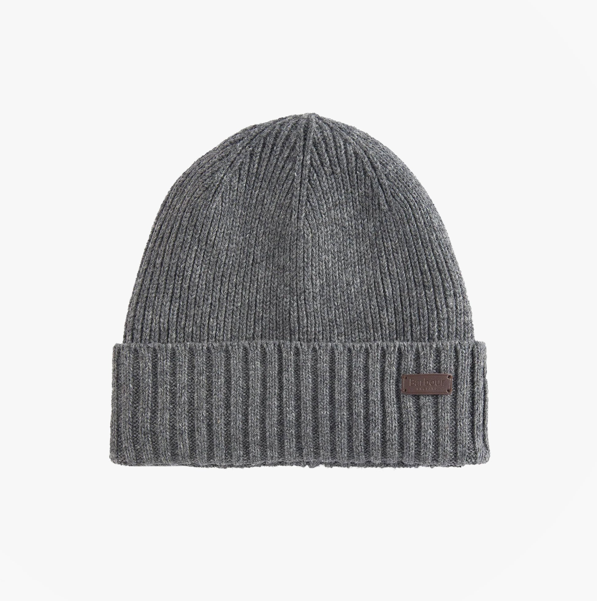 Barbour CARLTON Mens Beanie Grey, top view showcasing wool-blend knitted beanie with fleece lining and branding.